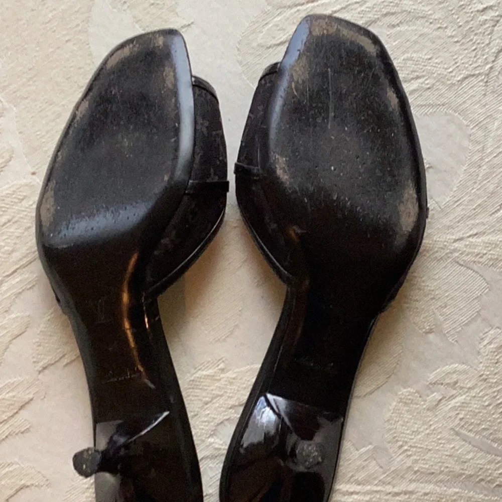 LOUIS VUITTON Black Fabric & Black Patent Mules